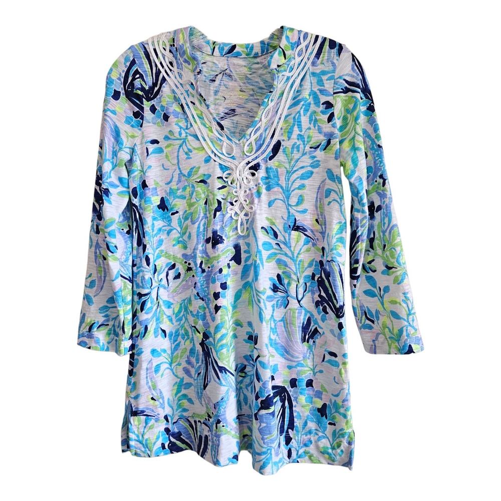 LILLY PULITZER Women's XS Kaia Tunic Top Tropical Coral Reef Coastal Cotton 34"